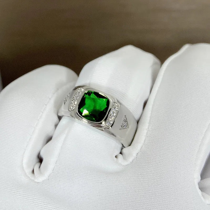 Green Emerald Crystal Diamond Rings for Men 18k Silver Jewelry