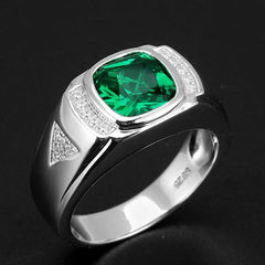 Green Emerald Crystal Diamond Rings for Men 18k Silver Jewelry