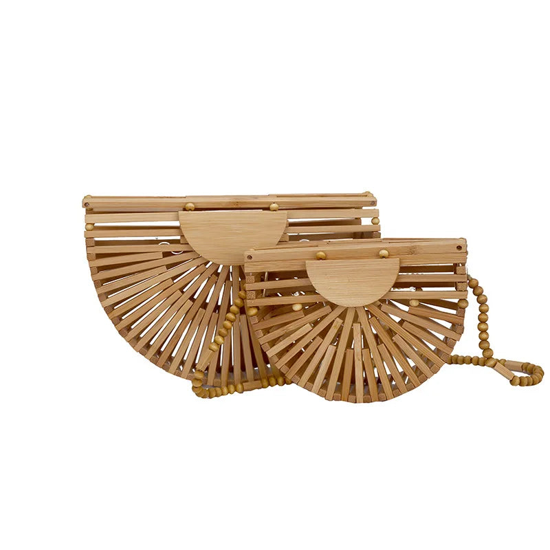 Half Moon Wooden Shoulder Crossbody Bags for Women Bamboo Woven Straw Bag