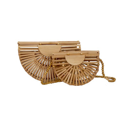 Half Moon Wooden Shoulder Crossbody Bags for Women Bamboo Woven Straw Bag
