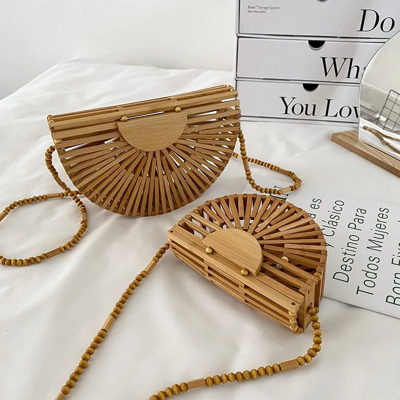 Half Moon Wooden Shoulder Crossbody Bags for Women Bamboo Woven Straw Bag