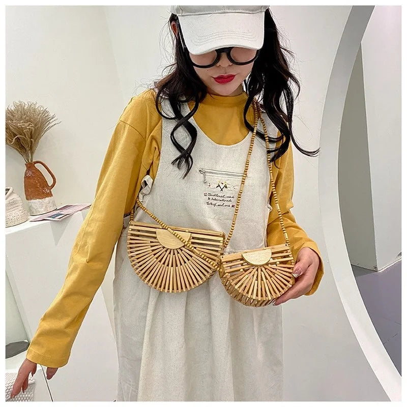 Half Moon Wooden Shoulder Crossbody Bags for Women Bamboo Woven Straw Bag