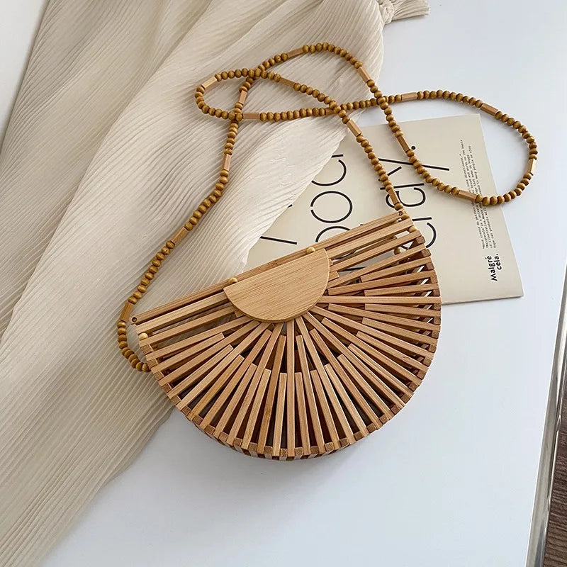 Half Moon Wooden Shoulder Crossbody Bags for Women Bamboo Woven Straw Bag