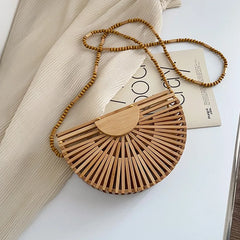 Half Moon Wooden Shoulder Crossbody Bags for Women Bamboo Woven Straw Bag