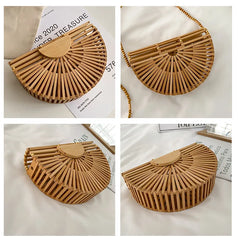 Half Moon Wooden Shoulder Crossbody Bags for Women Bamboo Woven Straw Bag