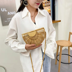 Half Moon Wooden Shoulder Crossbody Bags for Women Bamboo Woven Straw Bag