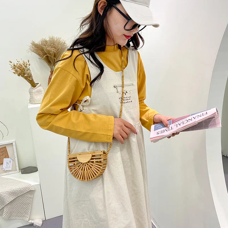 Half Moon Wooden Shoulder Crossbody Bags for Women Bamboo Woven Straw Bag