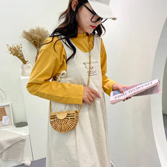 Half Moon Wooden Shoulder Crossbody Bags for Women Bamboo Woven Straw Bag
