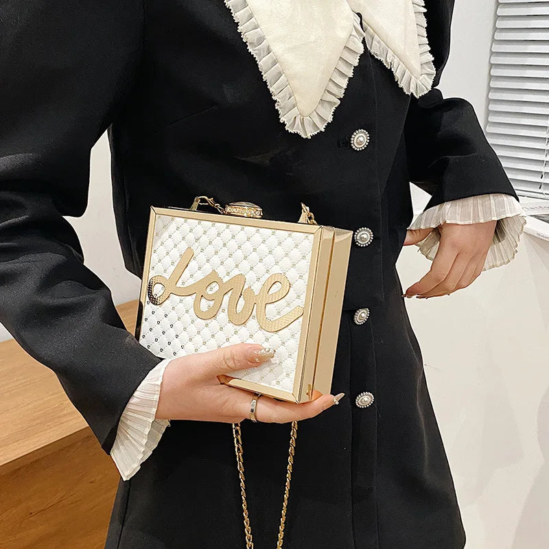 Sequine Love Letter Decoration Shoulder Bag Metal Frame Evening Diamond Chain Ba