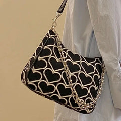 Heart Shape Embroidered Girl Shoulder Bag Gothic Tote Canvas