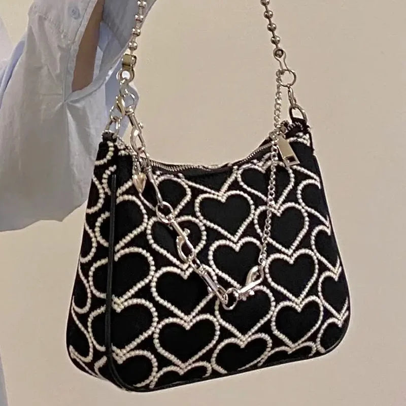 Heart Shape Embroidered Girl Shoulder Bag Gothic Tote Canvas