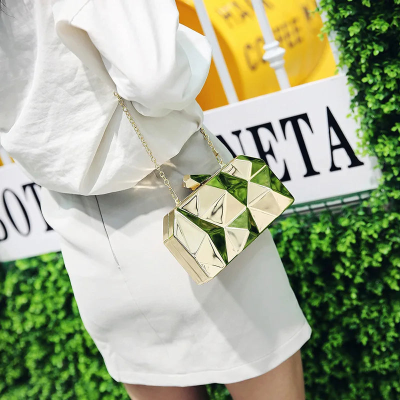 Women Metal Clutches Hexagon Mini Evening Purse Silver Box Chain Shoulder Bag