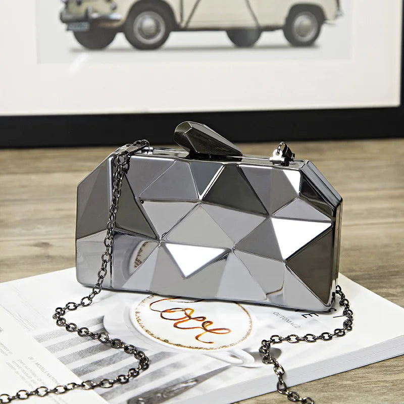 Women Metal Clutches Hexagon Mini Evening Purse Silver Box Chain Shoulder Bag