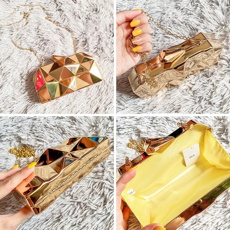 Women Metal Clutches Hexagon Mini Evening Purse Silver Box Chain Shoulder Bag