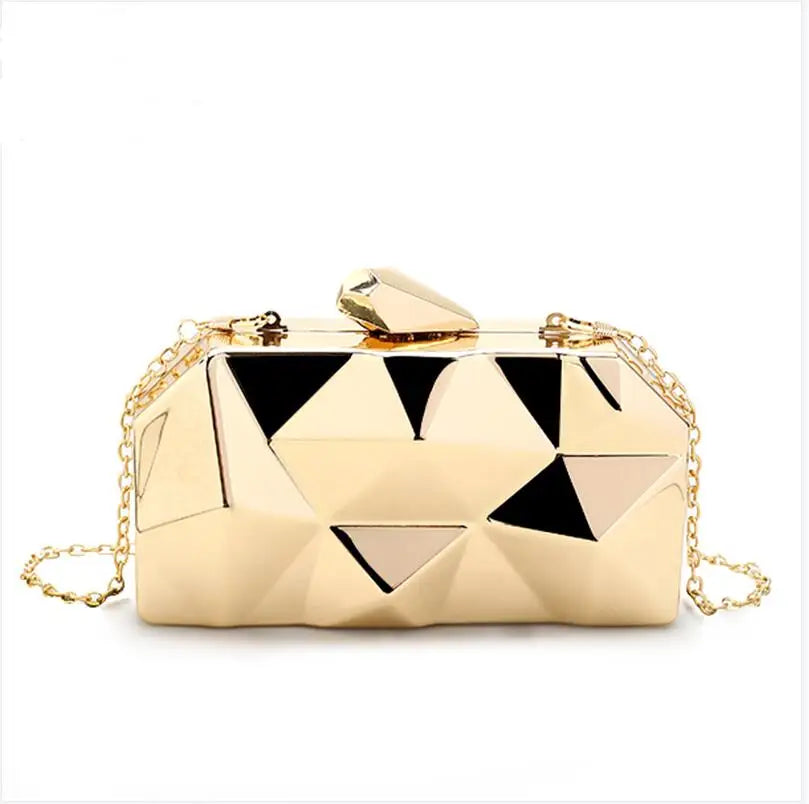 Women Metal Clutches Hexagon Mini Evening Purse Silver Box Chain Shoulder Bag