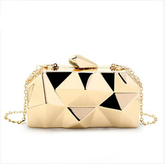 Women Metal Clutches Hexagon Mini Evening Purse Silver Box Chain Shoulder Bag