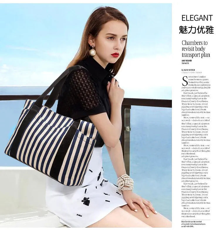 Striped Canvas Bag Women Handle Shoulder Bag High Capacity Shopping Bags