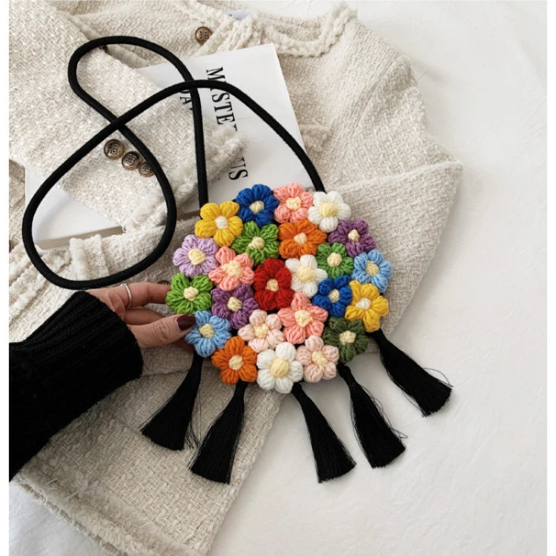Boho Rattan Beach Bag Tassel Crochet Fringed Woven Handbag