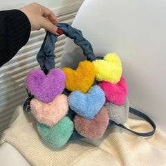 Heart Shape Plush Decoration Bucket Handbag Denim Women Bag And Purse For Ladies