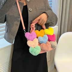 Heart Shape Plush Decoration Bucket Handbag Denim Women Bag And Purse For Ladies