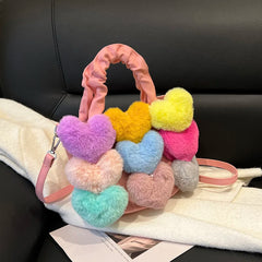 Heart Shape Plush Decoration Bucket Handbag Denim Women Bag And Purse For Ladies