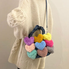 Heart Shape Plush Decoration Bucket Handbag Denim Women Bag And Purse For Ladies