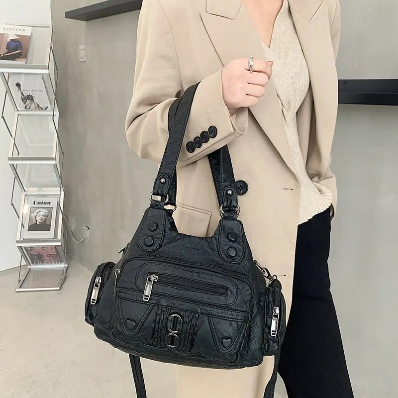 High Washed PU Leather Handbag Ladies Daily Bag Large Capacity Shoulder Bags