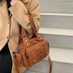 High Washed PU Leather Handbag Ladies Daily Bag Large Capacity Shoulder Bags