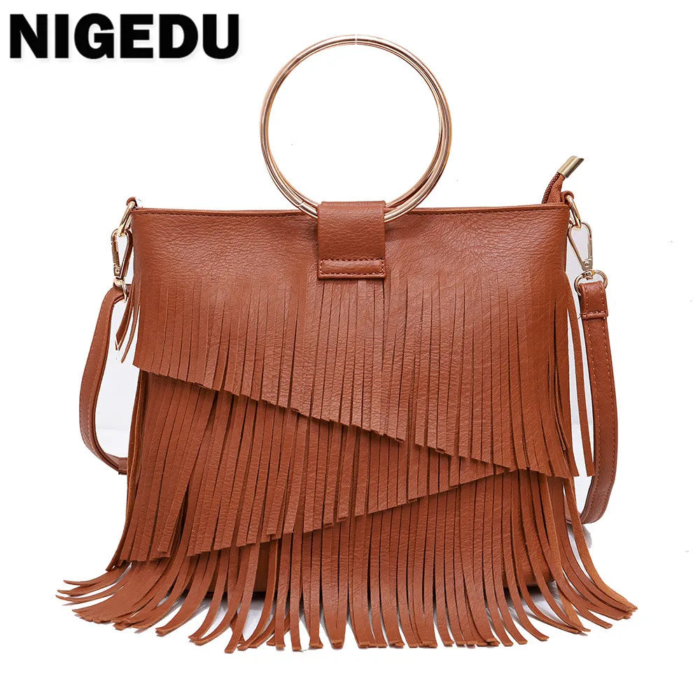 Tassel Women Handbag PU Leather Shoulder Bag Messenger Tote
