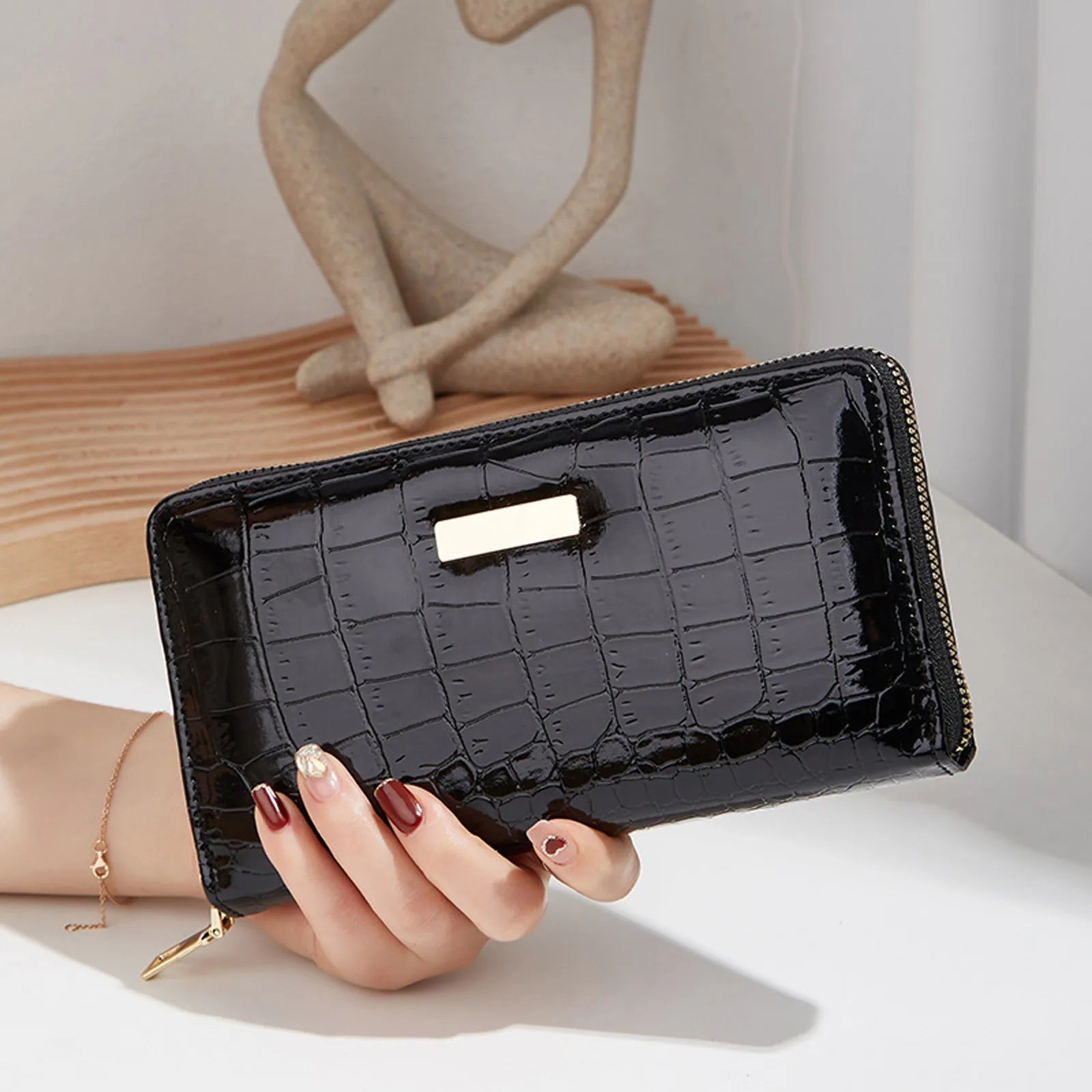 Stone Pattern Long Wallet Solid Women Zipper Purse Card Clutch Bag