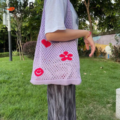 Large Capacity Shoulder Underarm Bag Portable Mesh Woven Handbags