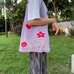 Large Capacity Beach Travel Mesh Flower Woven Handbags