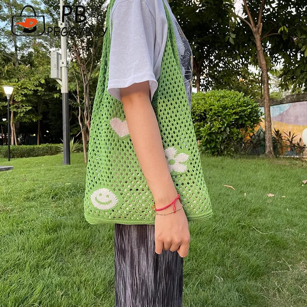 Large Capacity Shoulder Underarm Bag Portable Mesh Woven Handbags