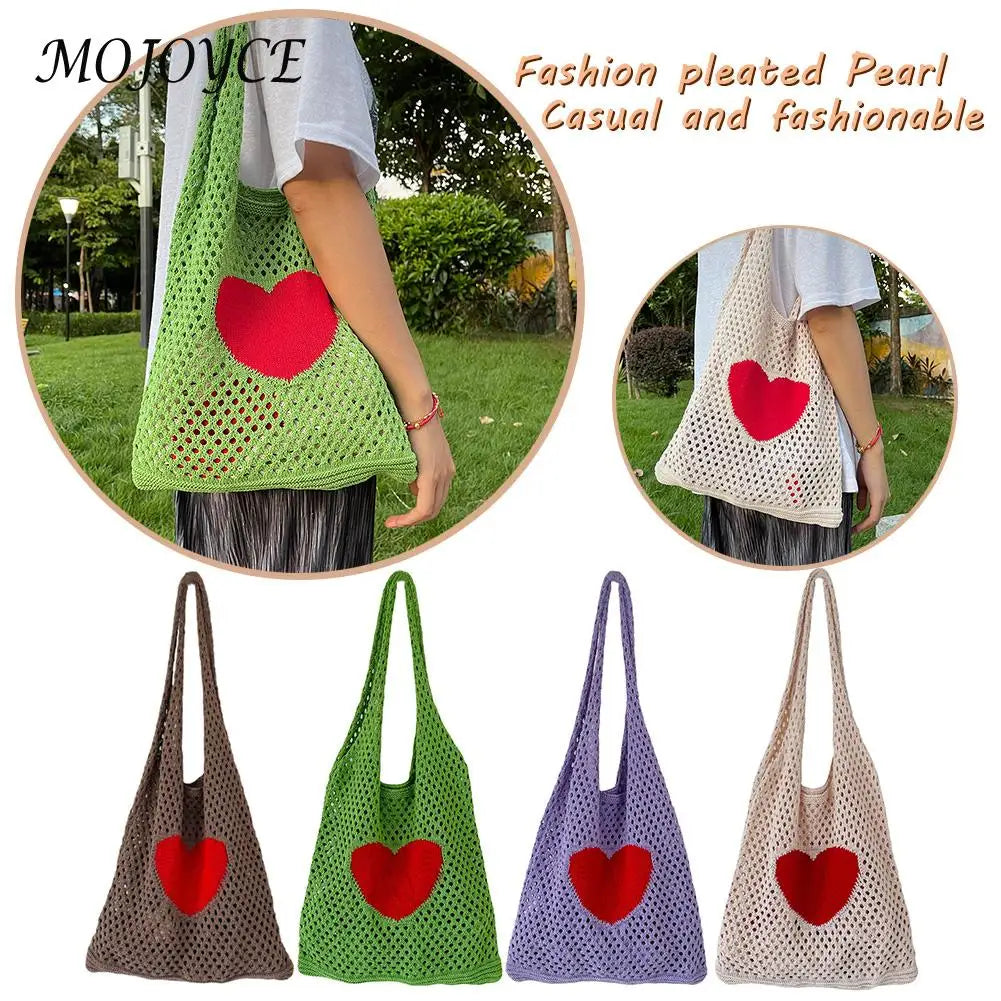 Knitted Shoulder Bag Casual Mesh Woven Handbag Travel Portable Clutch