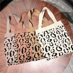 Knitted Shoulder Handbag Leopard Pattern Large Capacity Top-handle Bag
