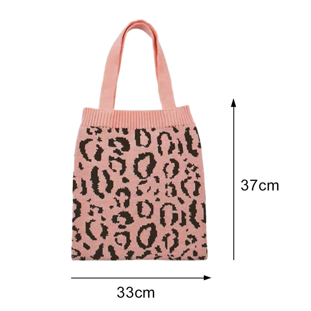 Knitted Shoulder Handbag Leopard Pattern Large Capacity Top-handle Bag