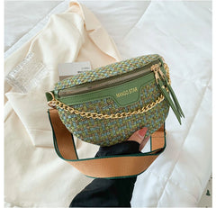 Women Weaving Fanny Waist Pack Lady Wide Strap Crossbody Chest Bags