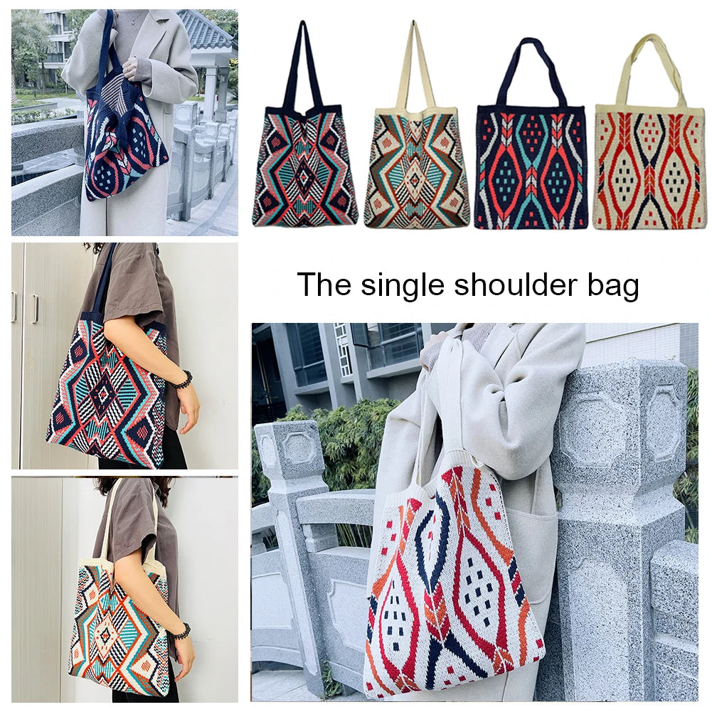 Boho Crochet Shopping Tote Bag Top-Handle