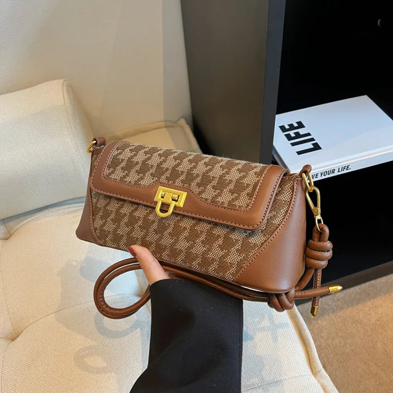 Houndstooth Knotted Handle Bag Classic Handbag PU Leather Retro Crossbody Bag