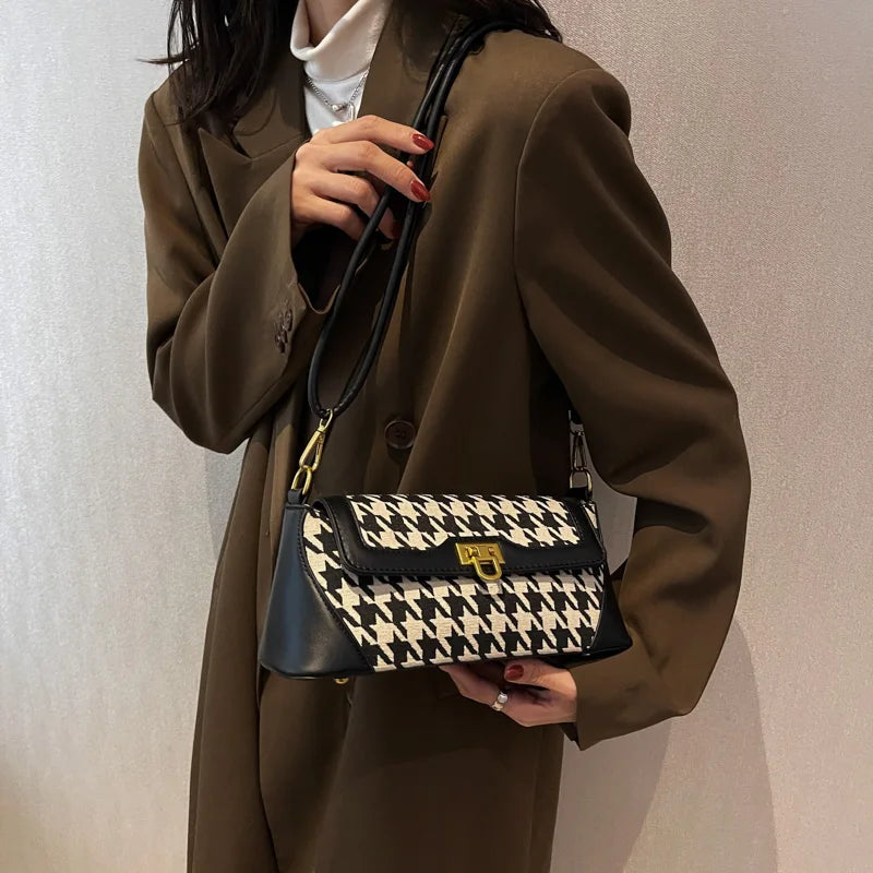 Houndstooth Knotted Handle Bag Classic Handbag PU Leather Retro Crossbody Bag