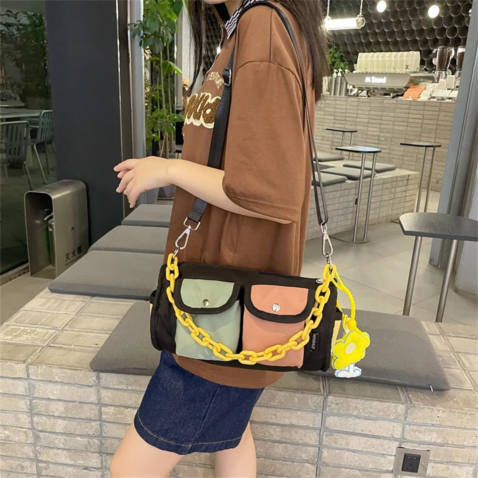 Korea Style Women's Patchwork Satchel Bag Nylon Crossbody Travel Tote Bag