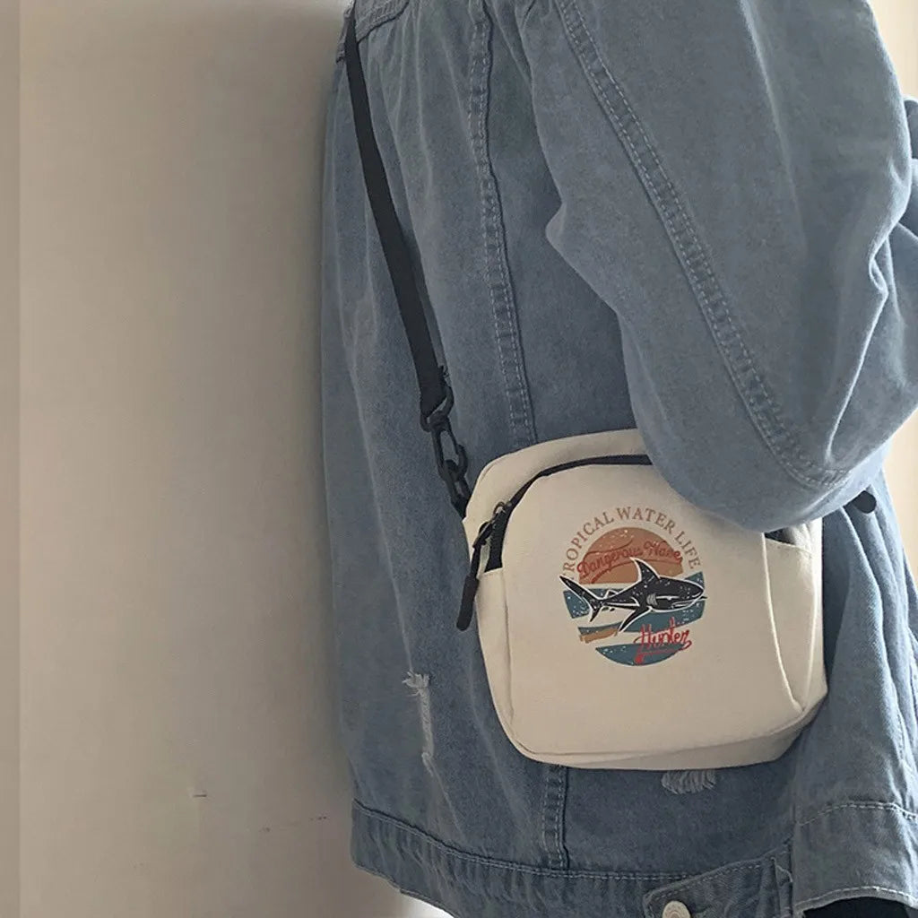 Harajuku Style Shark Canvas Shoulder Bag Monochrome Mini Handbag