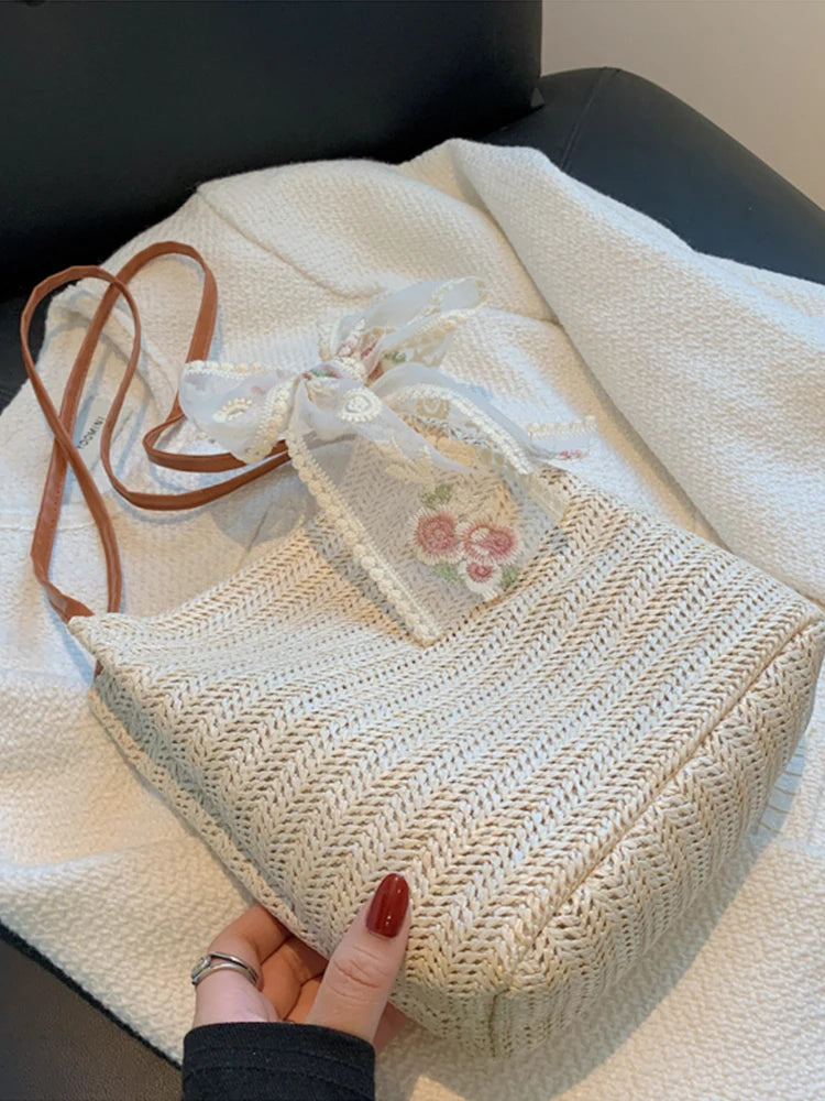 Lace Bow Straw Bag Women'S Woven Bucket Shoulder Bag For Woman