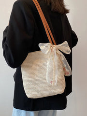 Lace Bow Straw Bag Women'S Woven Bucket Shoulder Bag For Woman