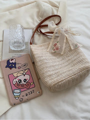 Lace Bow Straw Bag Women'S Woven Bucket Shoulder Bag For Woman