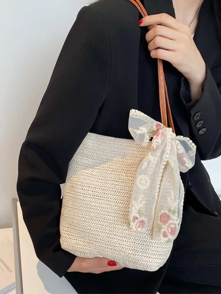 Lace Bow Straw Bag Women'S Woven Bucket Shoulder Bag For Woman