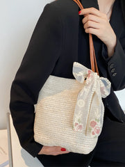 Lace Bow Straw Bag Women'S Woven Bucket Shoulder Bag For Woman
