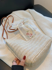 Lace Bow Straw Bag Women'S Woven Bucket Shoulder Bag For Woman