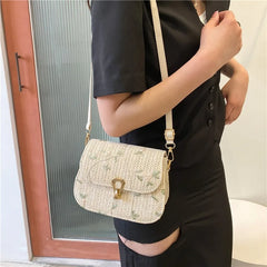 Lace Flower Shoulder Crossbody Bag Straw Summer Beach Shopper Bag