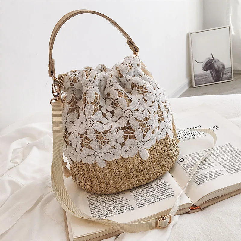 Summer Straw Bucket Bag for Women Woven Crossbody Handbag